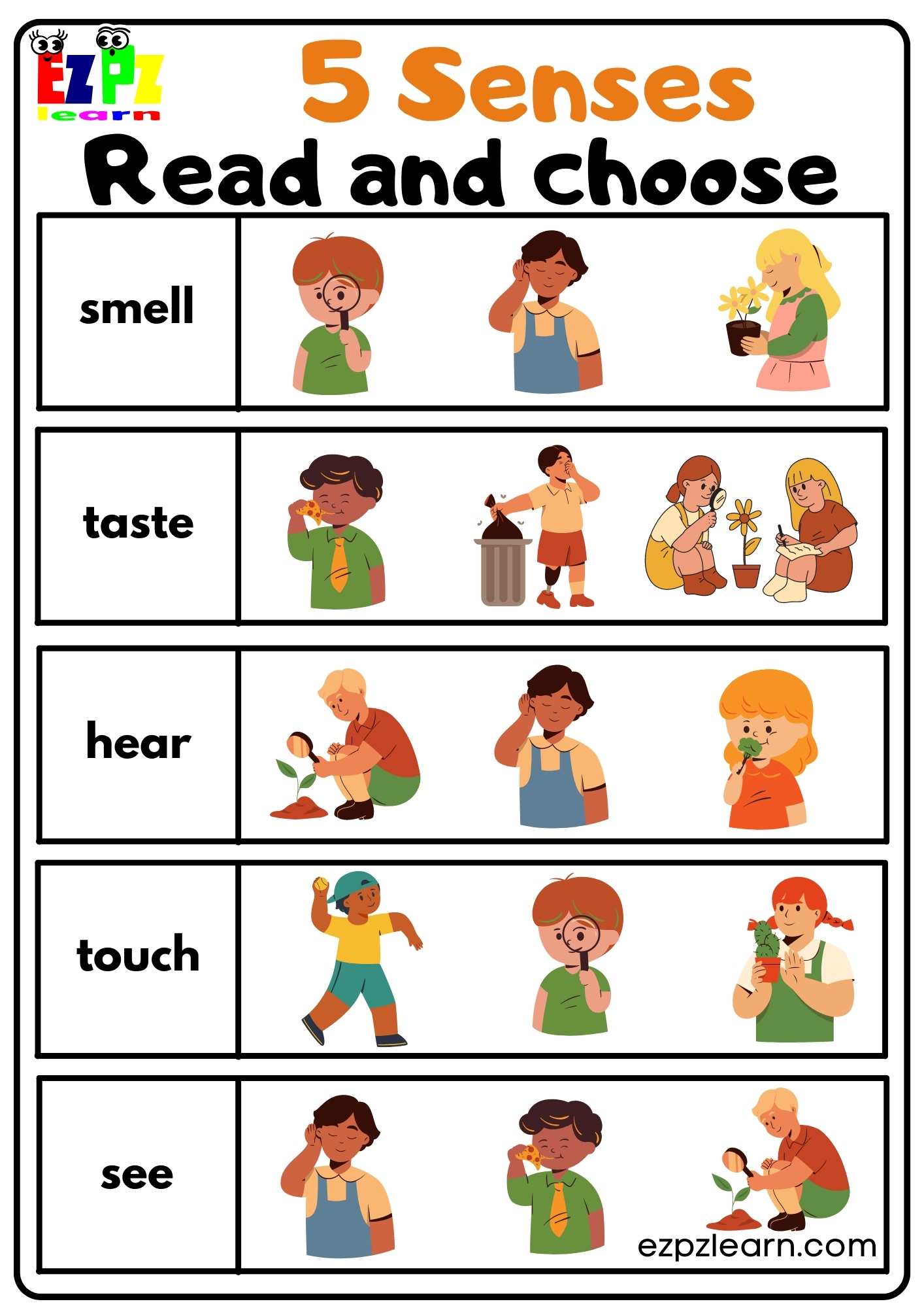 Five Senses Read And Choose Worksheet For Kindergarten And ESL Students 